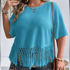 Light Blue Fringe Knit Cropped Top with Tassel Hem | 1XL